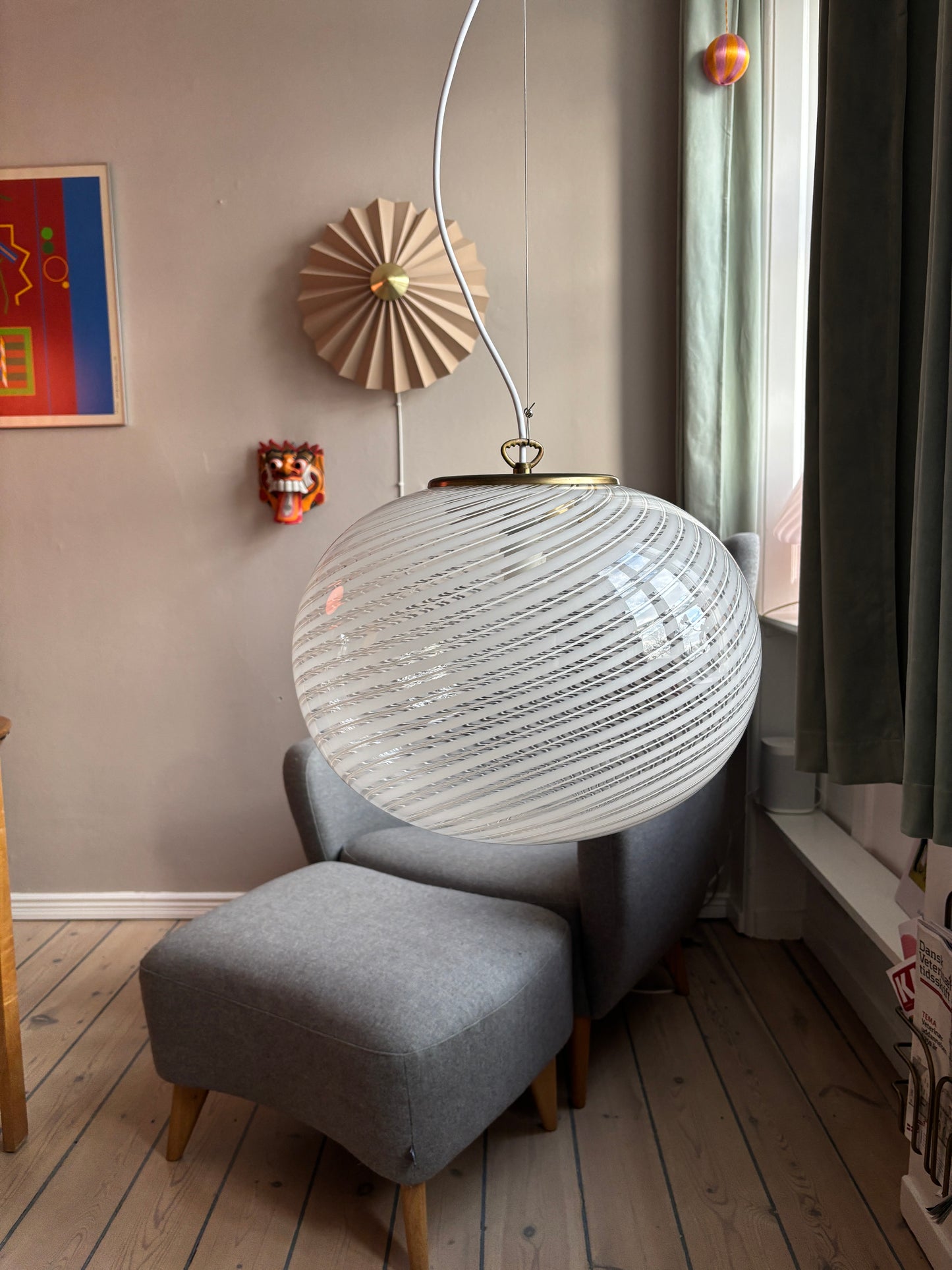 Vintage Murano pendel transparent glas med hvidt dobbelt swirl 40 cm