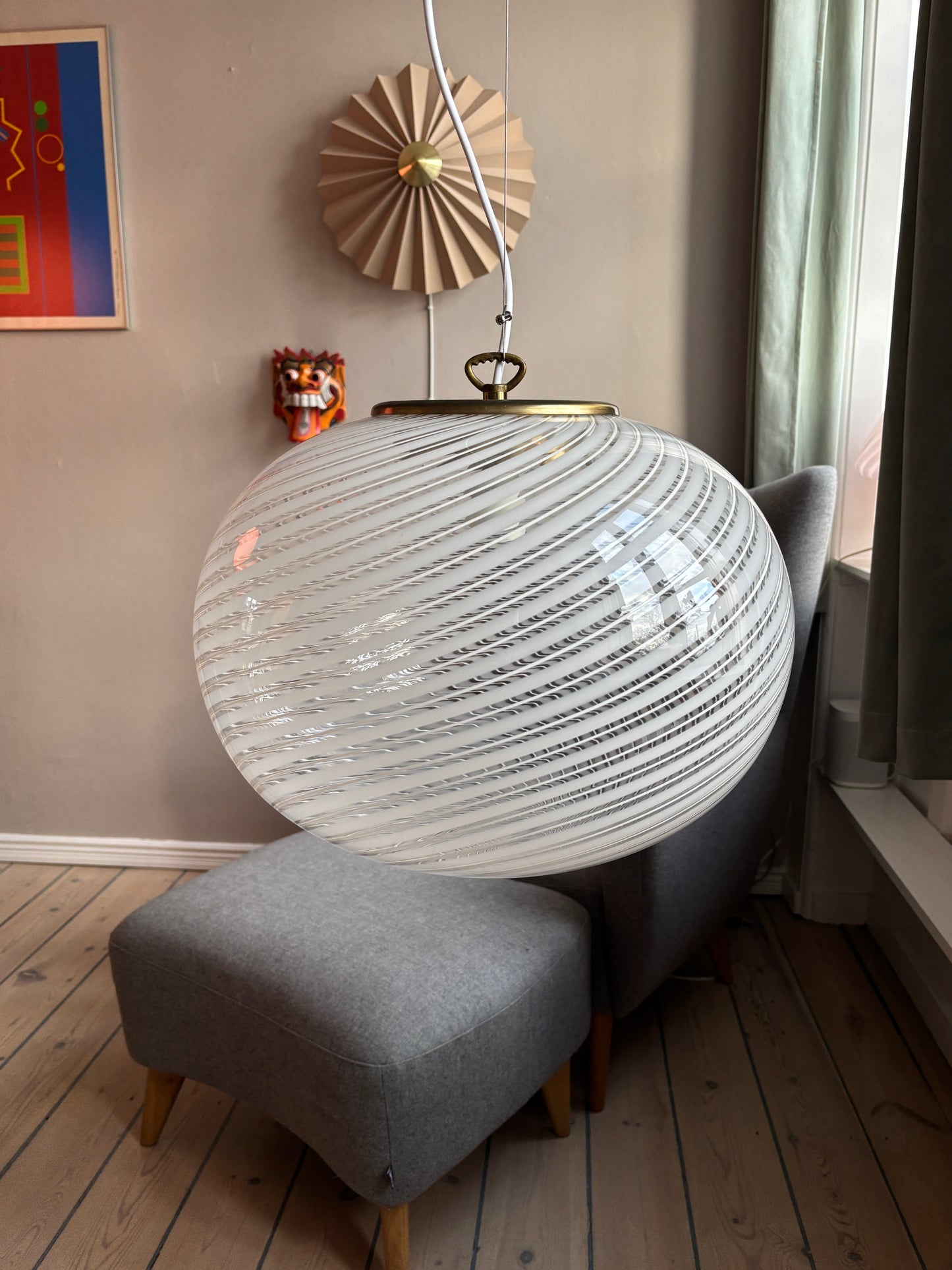 Vintage Murano pendel transparent glas med hvidt dobbelt swirl 40 cm