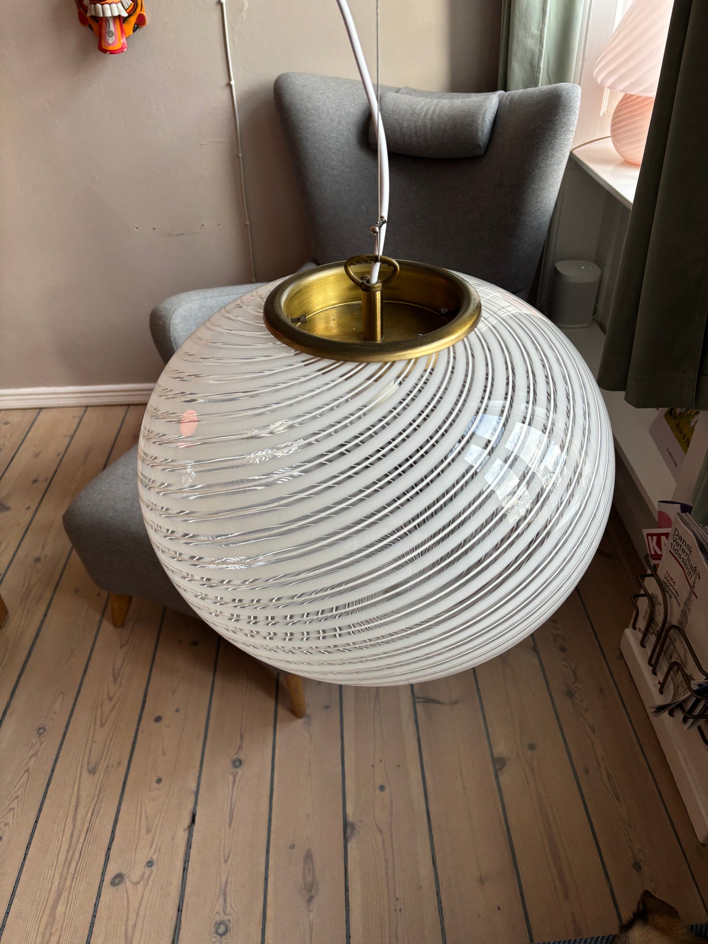 Vintage Murano pendel transparent glas med hvidt dobbelt swirl 40 cm