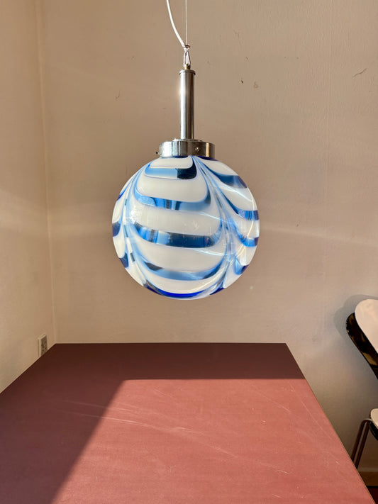 Vintage Murano pendel blåt og hvidt mønster 30 cm