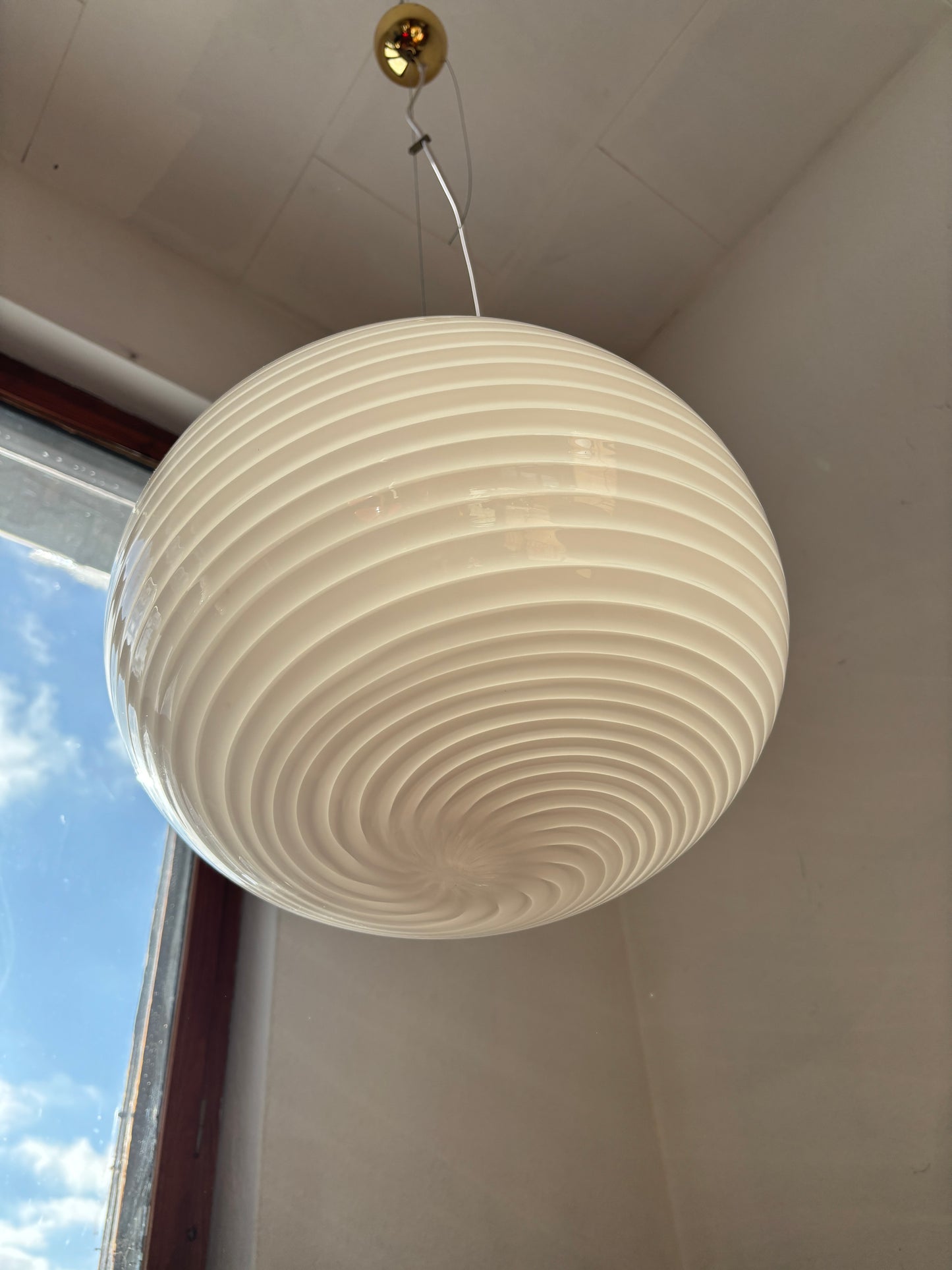 Vintage Murano Effetre pendel oval med hvidt swirl 40 cm