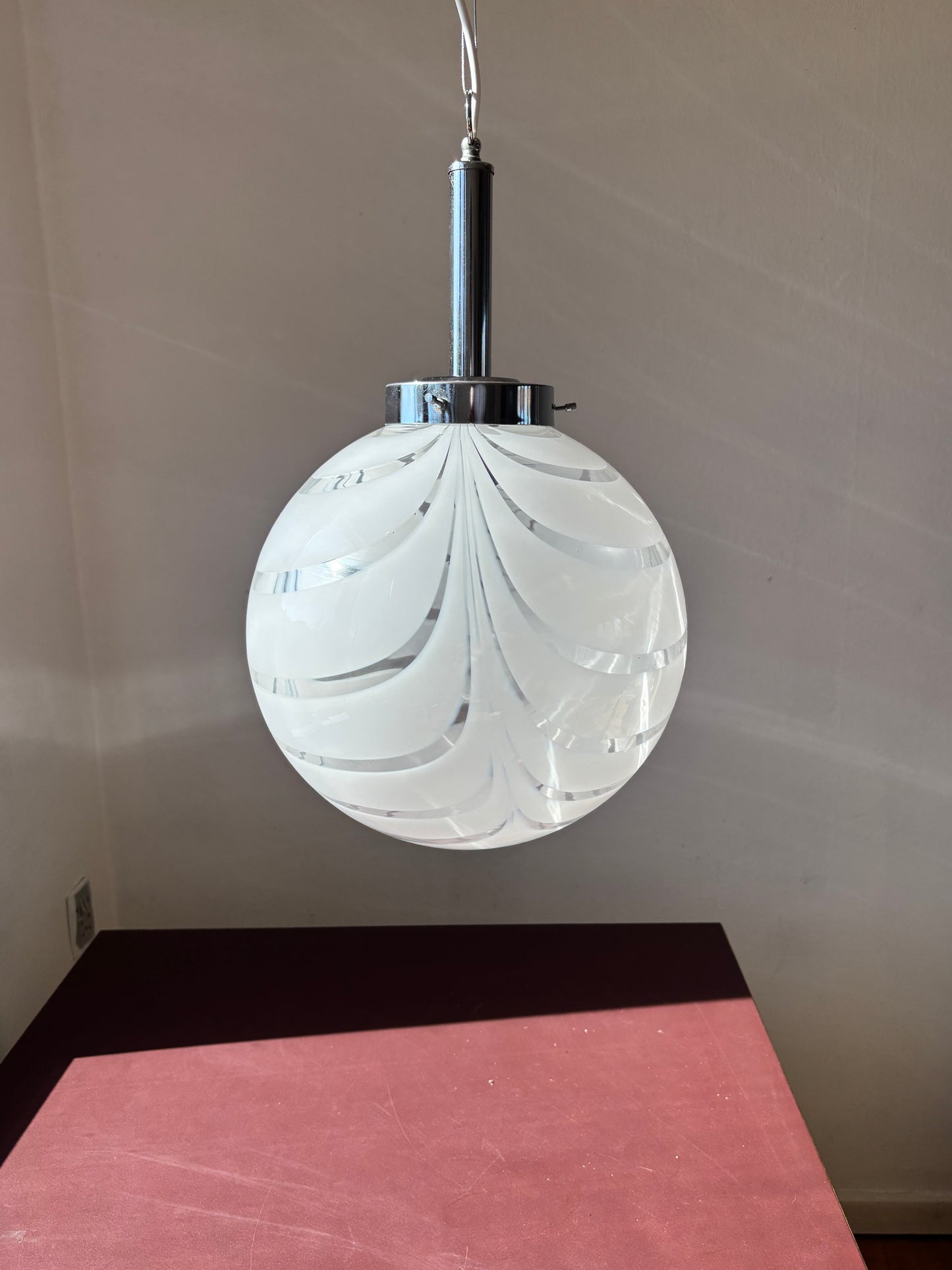 Vintage Murano pendel klart og hvidt mønster 30 cm