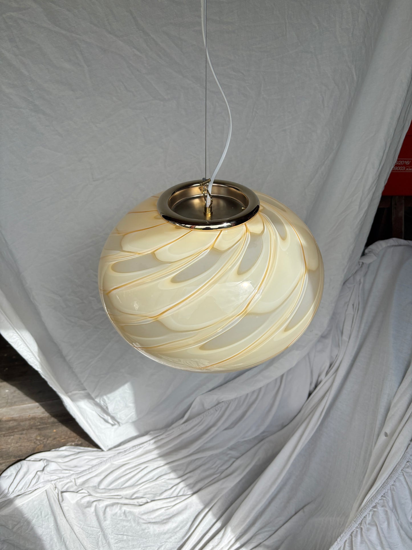 Sjælden vintage Murano loftslampe med gult peacock mønster 38 cm