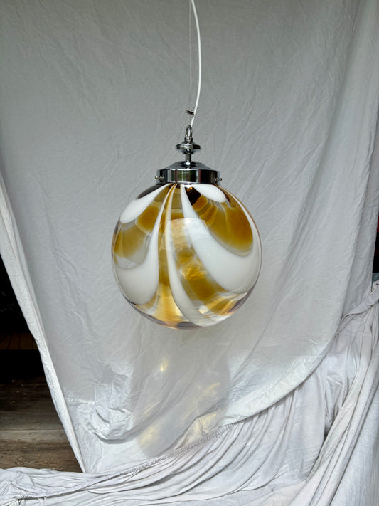 Vintage Murano pendel orange og hvidt mønster 30 cm