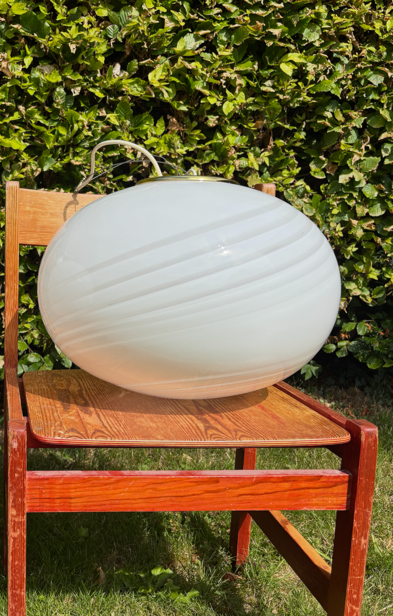 Vintage Murano pendel oval med hvidt swirl 43 cm