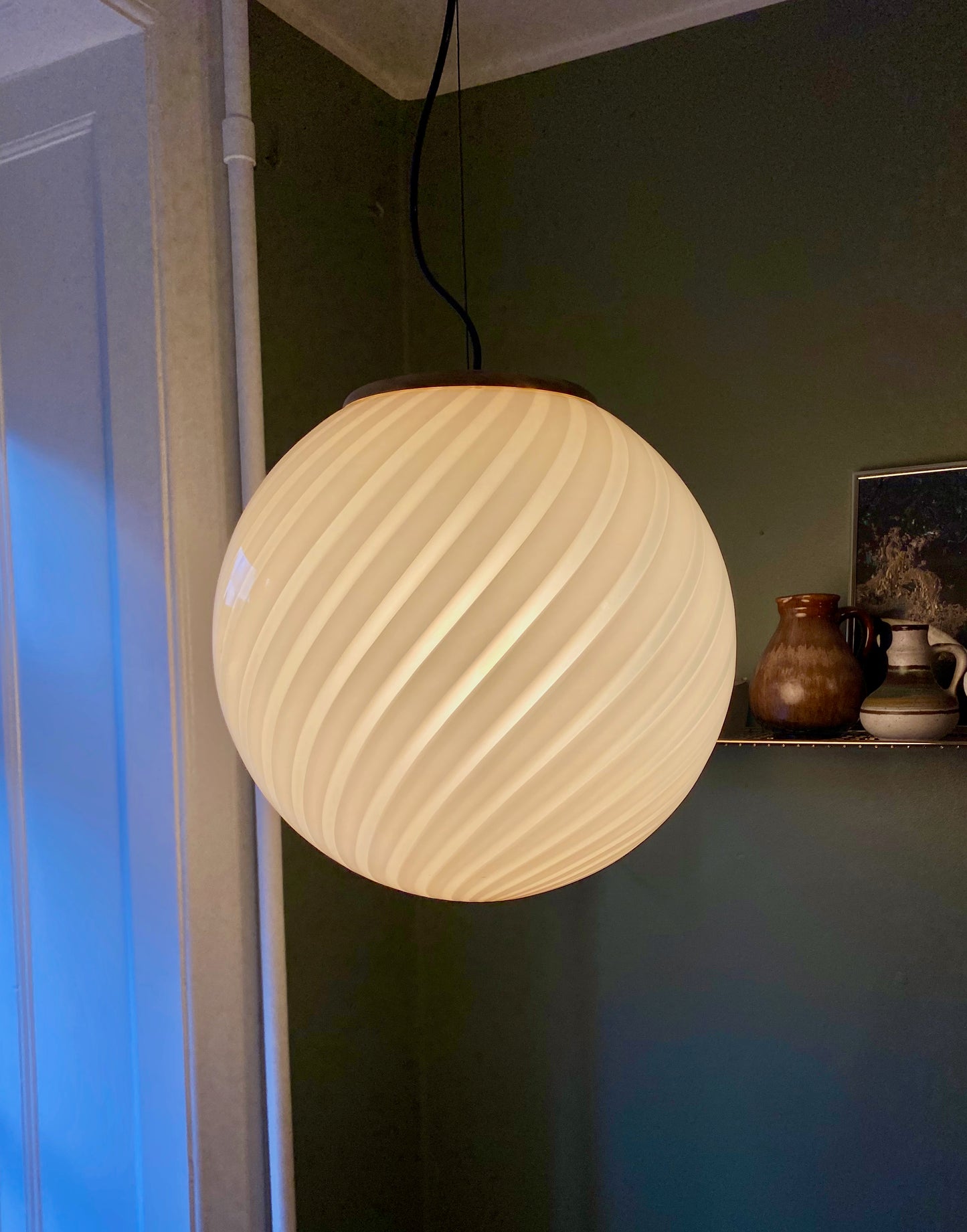 Vintage Murano loftslampe i Creme gul swirl rigadin 40 cm