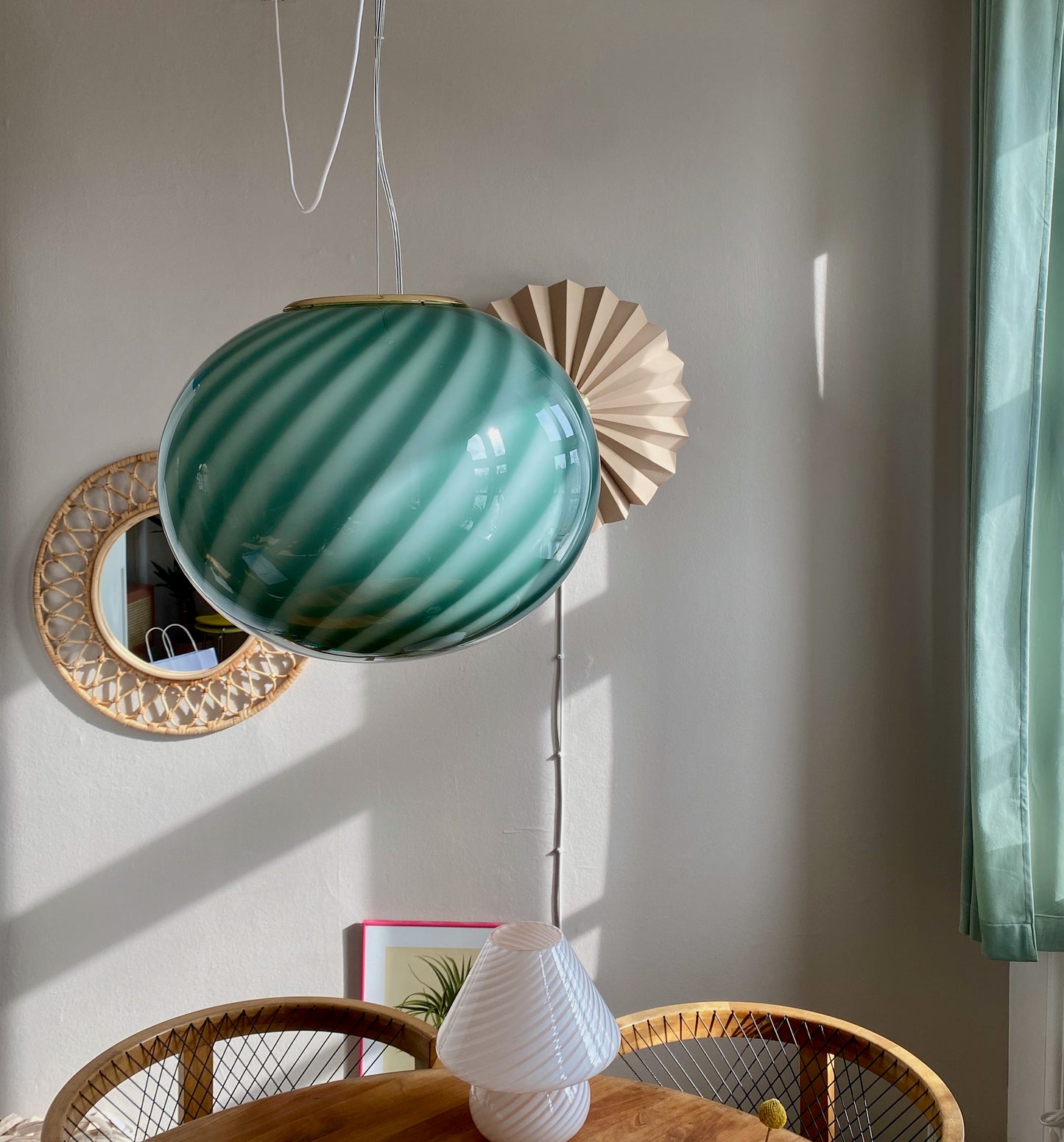 Oval Murano loftslampe i grøn swirl rigadin 40 cm